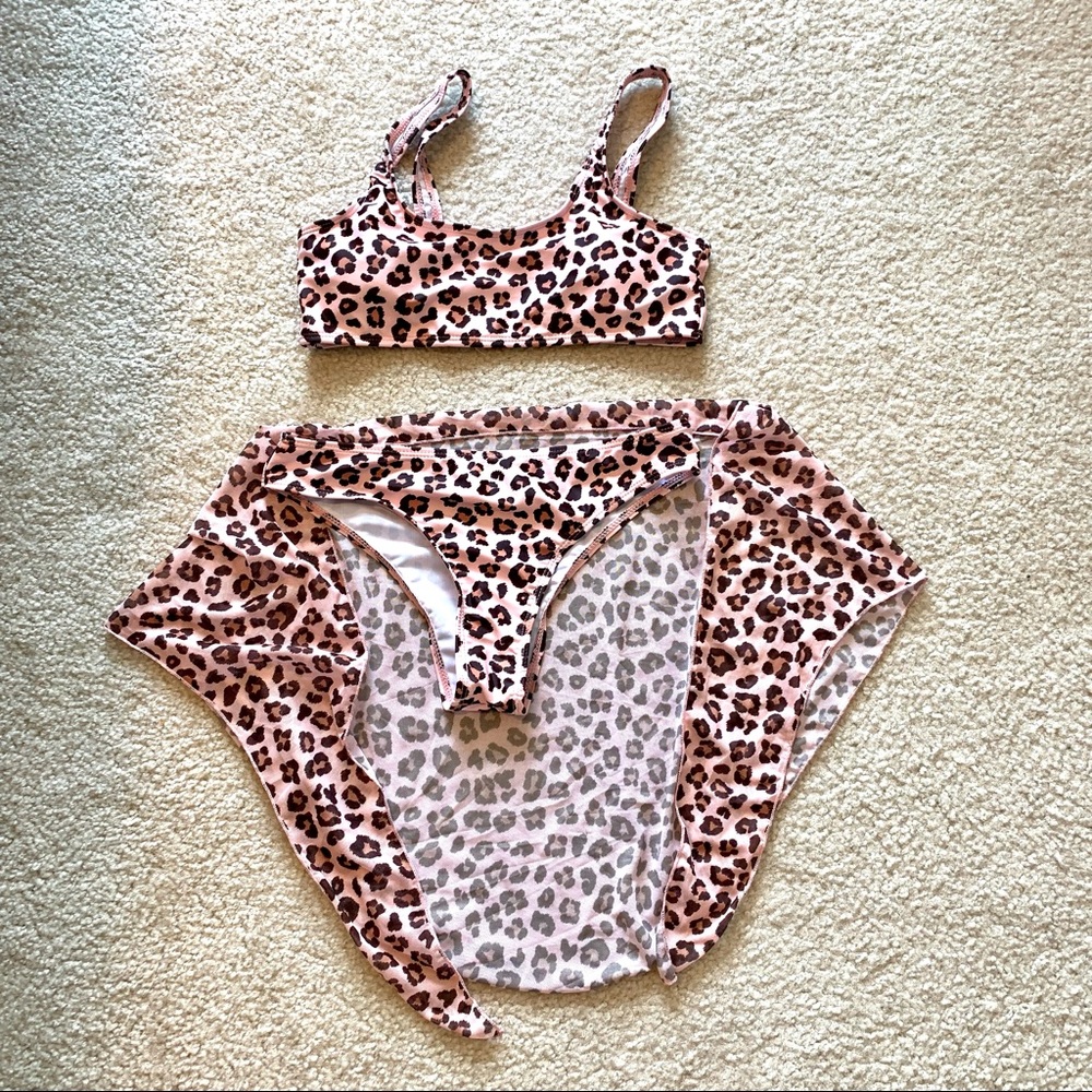 SHEIN Pink Leopard Print Bikini Sarong Set—SZ. Sm
